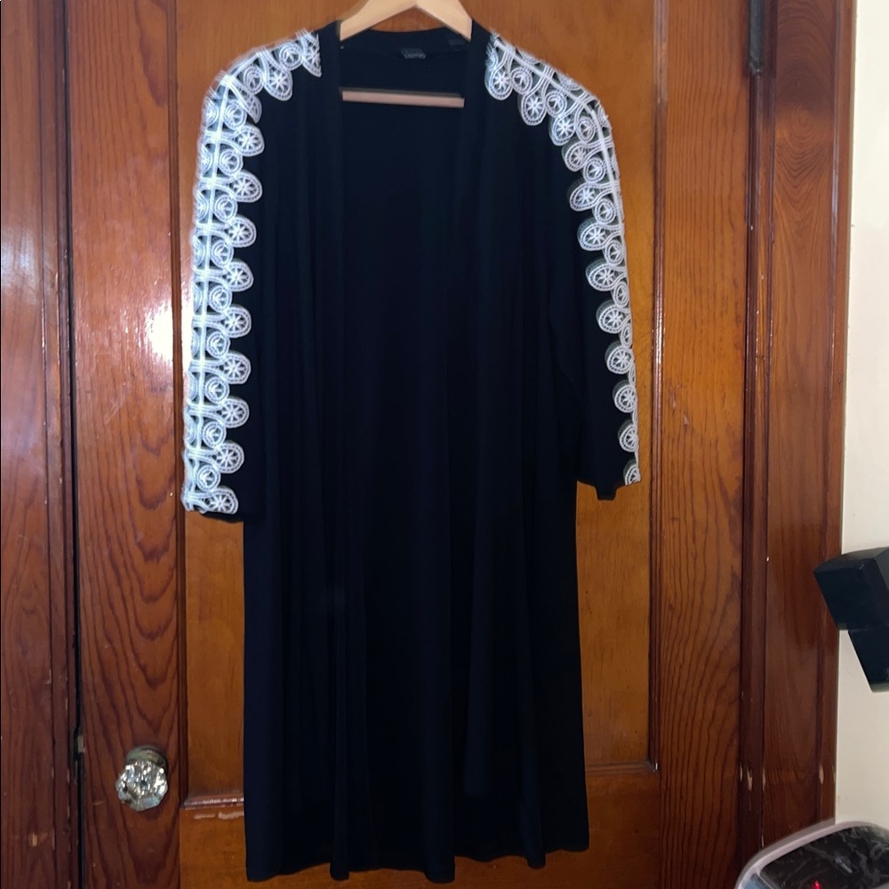 Dennis Basso Caviar Crepe Duster with Lace Trim Black with white trim with pants - Picture 5 of 7